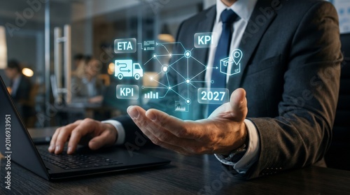 Businessman holding digital hologram with KPI, ETA, and delivery icons. Supply chain management, logistics optimization, and business performance metrics concept.