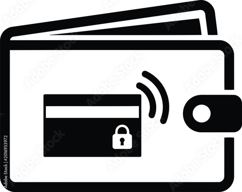 Black and white illustration of a secure digital wallet with a card and lock