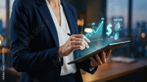 Business professional using tablet with holographic financial analytics dashboard. KPI tracking, business growth, and financial performance management concept.