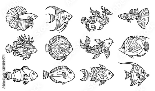 Fotografija Minimal Fish Line Art Vector Collection with Modern Marine Animal Outline Design