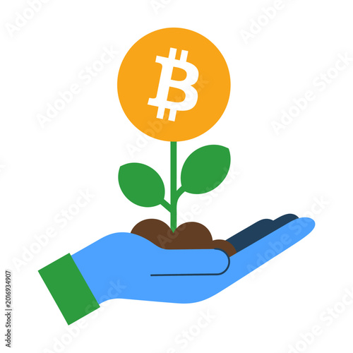 Bitcoin growth investment concept in hands flat design vector