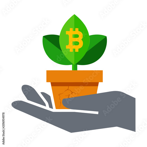 Bitcoin growth in pot with dollar sign leaves flat design vector