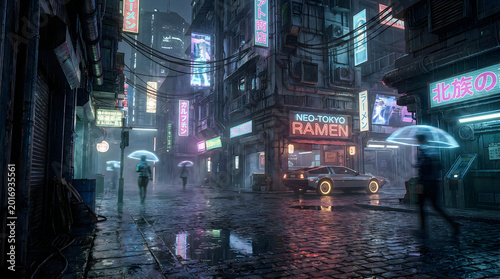 Cyberpunk city street with neon signs and futuristic cars at night