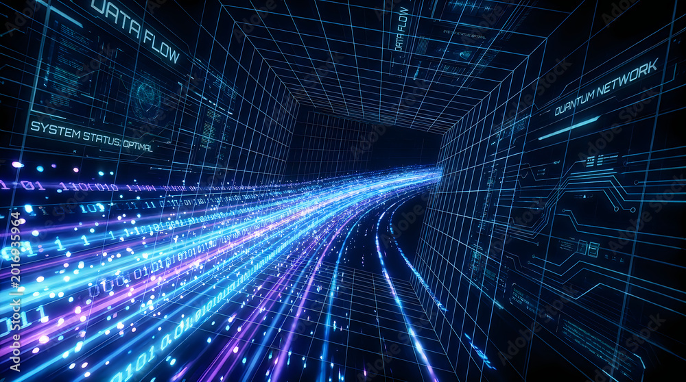 Naklejka premium Data stream tunnel with glowing blue network lines and system nodes