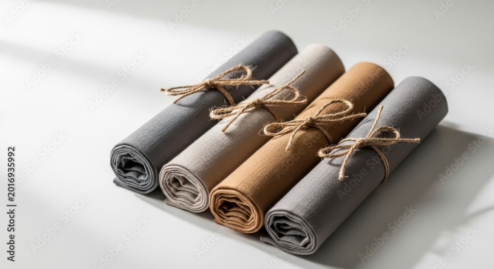 Fototapeta premium Rolled fabric cloths tied with twine string on clean white surface