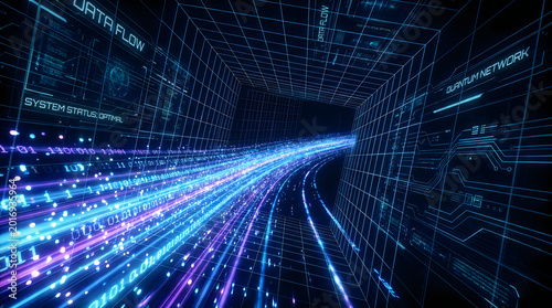 Data stream tunnel with glowing blue network lines and system nodes