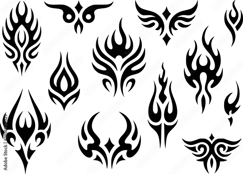 Naklejka premium Collection of black tribal flame and abstract tattoo white background