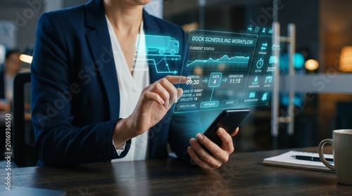 Businessman holding smartphone with holographic dock scheduling dashboard display. Logistics management, supply chain optimization, and real-time fleet tracking concept.