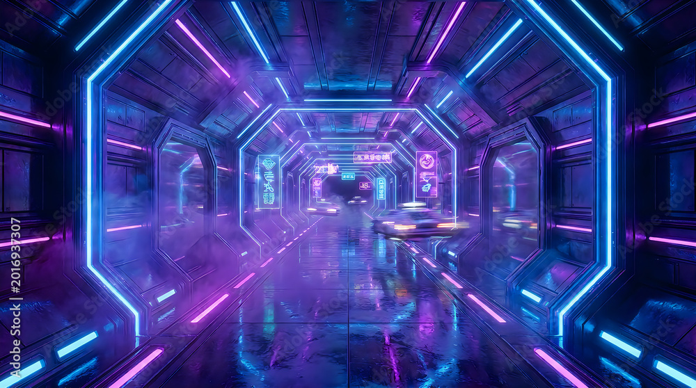 Fototapeta premium Futuristic neon lit corridor with glowing signs in cyberpunk style