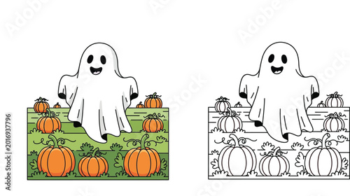Tableau sur toile Cute Halloween Ghost Floating Over Pumpkin Patch Vector Illustration and Colorin