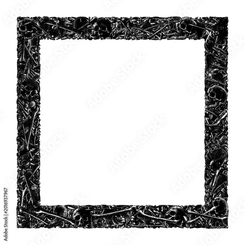 Hand-drawn vector square frame made of human skulls and bones, featuring gothic macabre style with detailed stipple shading and engraving texture isolated on white background.