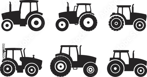 Fotografie Tractor silhouette vector collection, agricultural farm vehicle icons isolated b