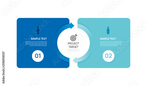 Venn diagram business infographic circle chart template 2 options, presentation with arrow Circular diagram elements vector illustration.