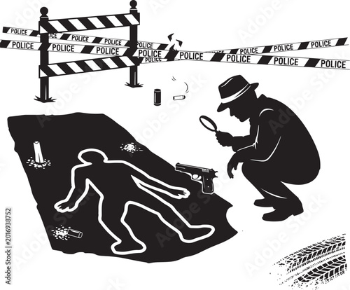Detective investigating crime scene with body outline and police tape