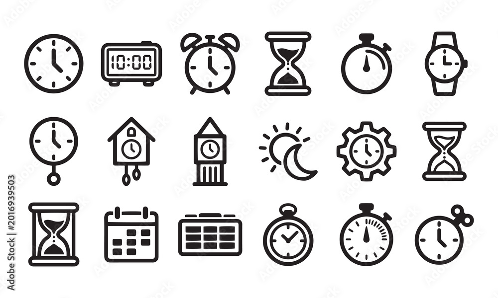 Fototapeta premium Time management icons set with various clocks hourglasses and calendar line symbols.
