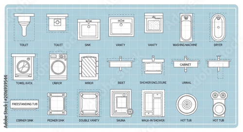Schilderij op canvas Collection of various bathroom fixtures and accessories.