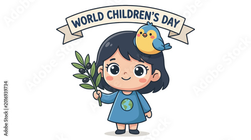 Cuadro en lienzo Cartoon girl holding green branch.