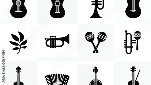 Photos Collection of vector silhouette icons representing various musical instruments a