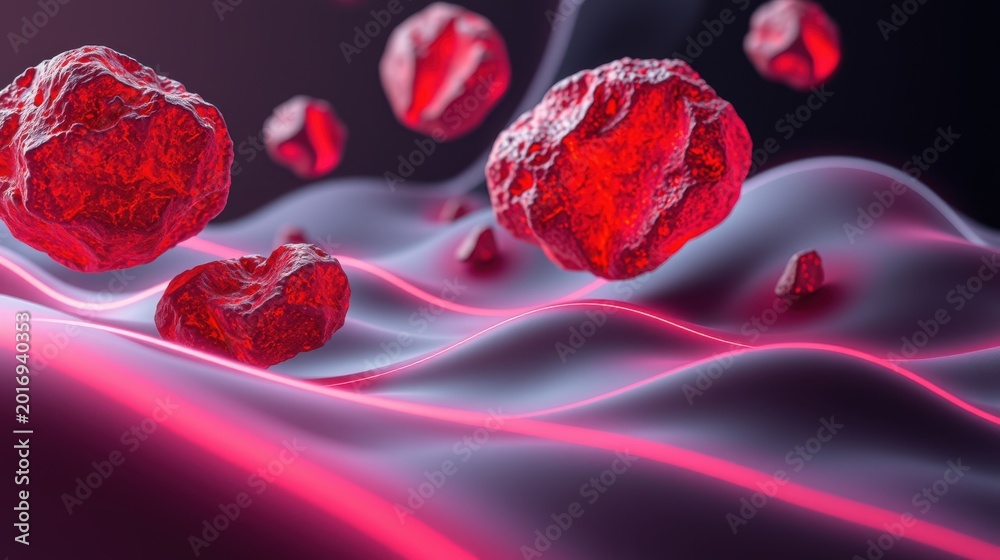 Fototapeta premium Red crystalline structures float above glowing pink surface. Abstract composition, dramatic lighting, science visualization.