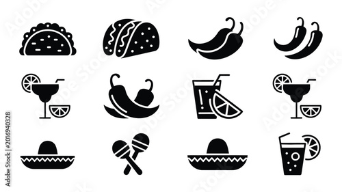 Minimalist black vector icons featuring tacos chili peppers margaritas maracas and sombreros for food and culture themes