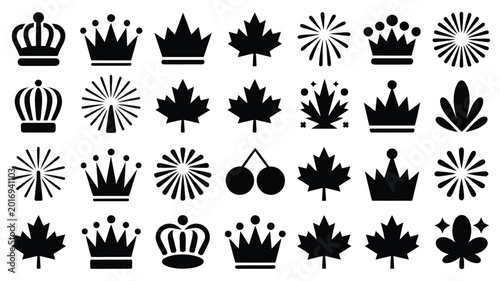 Foto Silhouettes of crowns maple leaves and abstract shapes in minimalist black and w