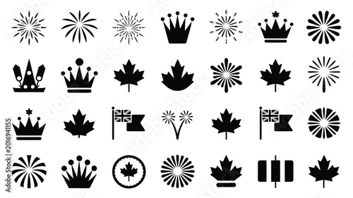 Bilde på lerret Black silhouette holiday icons featuring fireworks crowns maple leaves and flags