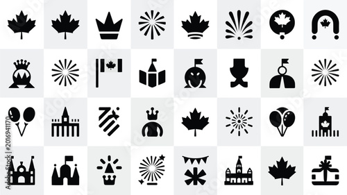 Foto Black and white icon collection featuring 30 victoria day symbols including mapl