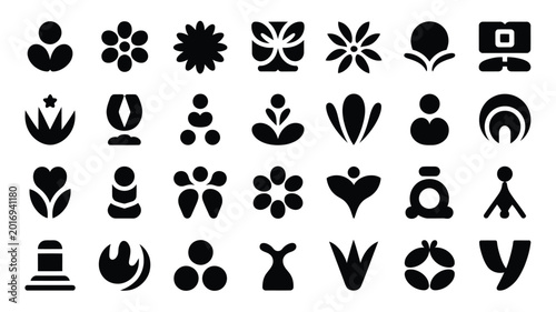 Black and white geometric abstract logo icons featuring nature floral and symbolic designs in a minimalist style