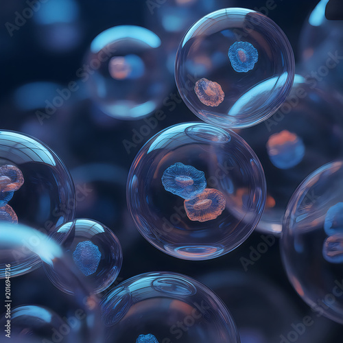 Abstract microscopic view of glowing blue and orange cells within transparent spheres.