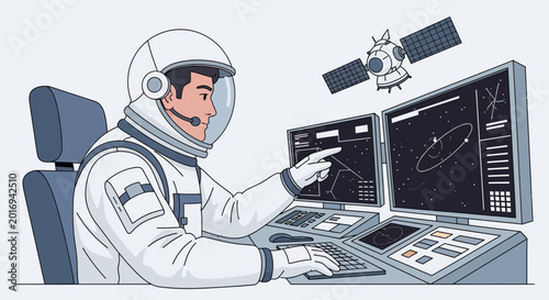 Astronaut in control room operating complex systems with satellite in orbit