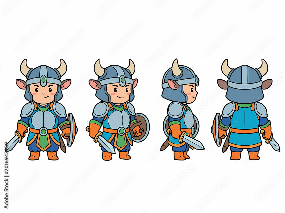 Fototapeta premium Cute Cartoon Cow Viking Character Sprite Sheet.