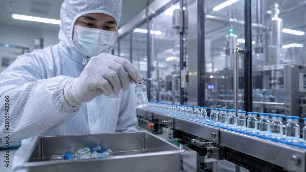 Naklejka premium Gloved worker isolates faulty glass vial from accepted batch on clean conveyor, illustrating vaccine manufacturing inspection and contamination prevention.