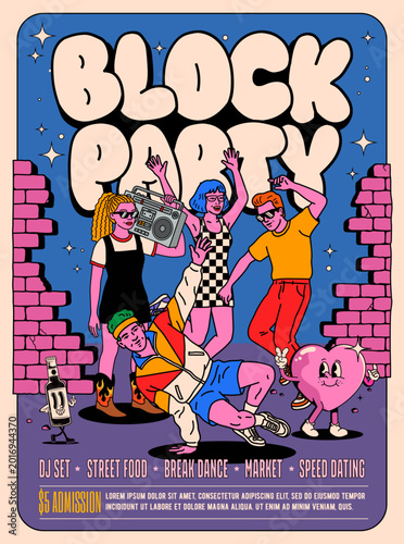 Retro block party street event poster template 
with dancing people. Groovy vector illustration