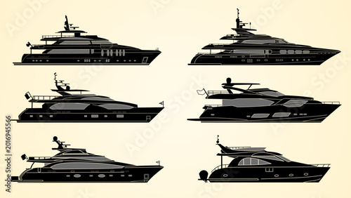 Tableau sur toile Six luxury yacht silhouettes in black and gray on cream background, showcasing various motor yacht designs from side profile view