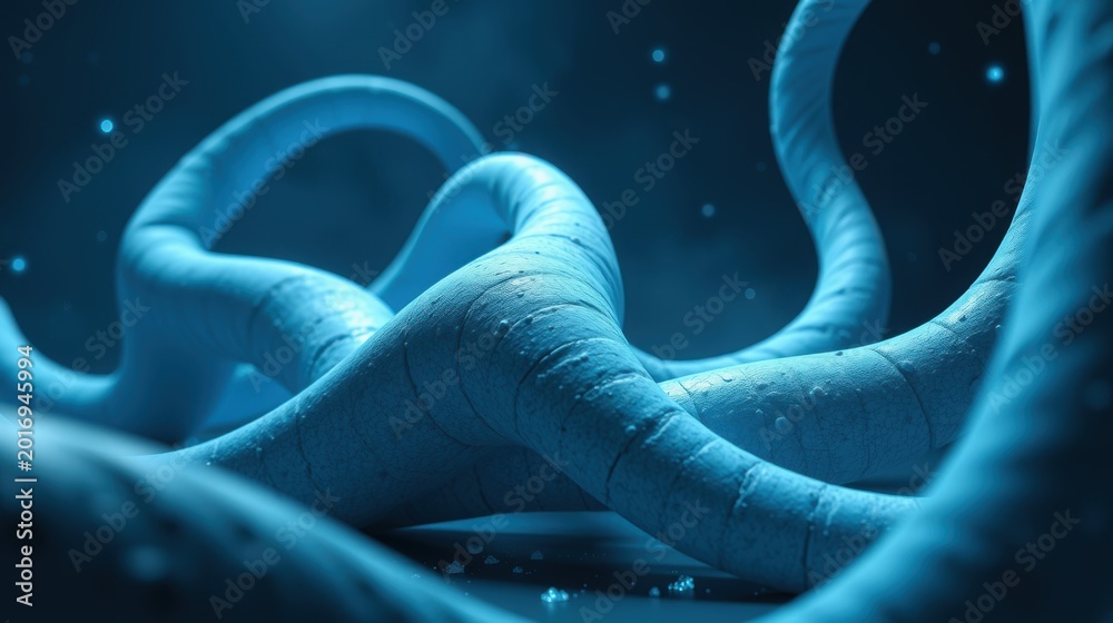 Fototapeta premium Abstract blue shapes intertwine, creating fluid organic forms. Dark background emphasizes glowing curves, suggesting depth, movement.