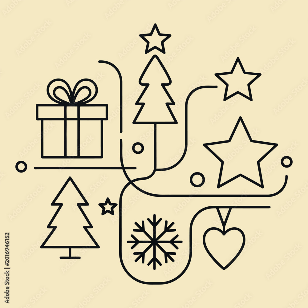 Fototapeta premium Minimalist christmas holiday featuring line of gift boxes, pine trees, stars, snowflakes, and hearts on a soft beige background for festive seasonal projects