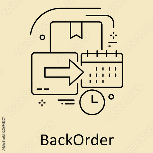 A minimalist line representing a backorder concept, featuring a package, a calendar, and a clock to symbolize delayed shipping and logistics management in a modern business context