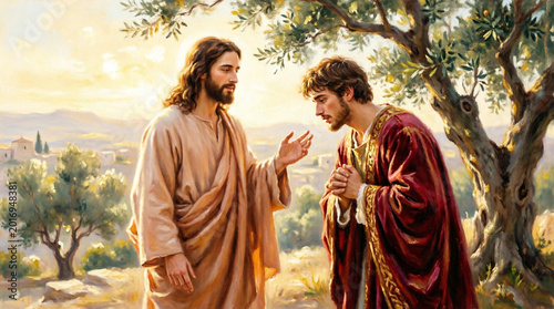 Christ blesses the rich young ruler, revealing that true wealth lies in faith.