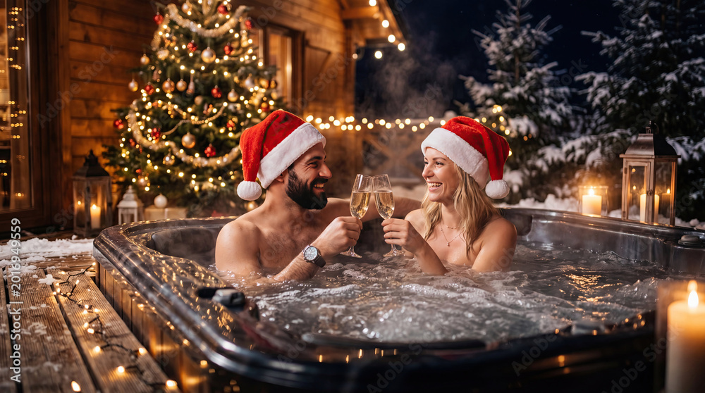 Naklejka premium Beautiful woman and man with santa hat relaxing in jacuzzi with champagne concept. Couple enjoying a cozy Christmas spa experience in the snow.