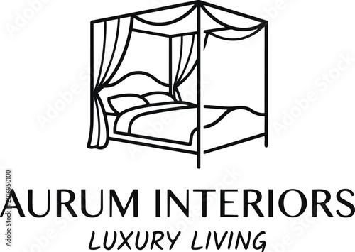Photos Luxury canopy bed logo for Aurum Interiors, elegant four poster bed line art ico