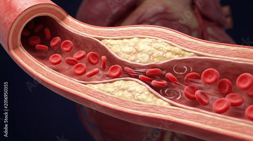 Blocked blood vessel artery poor circulation risks heart health concept. Detailed 3D illustration of artery with red blood cells.
