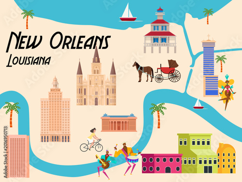 Konstfotografi New Orleans Louisiana map jazz mardi gras cultural landmark illustration city ma