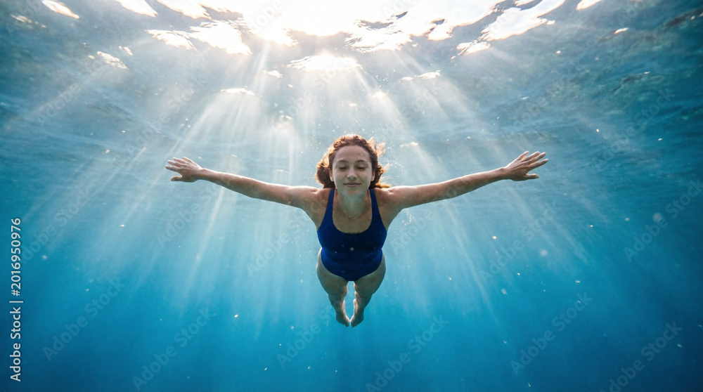 Fototapeta premium A graceful swimmer glides through crystal blue water beneath radiant sunlight.