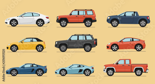 Collection of Diverse Cars and Trucks Displayed in a Grid.