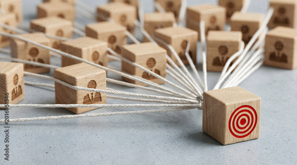 © Jagaveeran - Multiple strings pull from different directions to converge on a single red target block. The concept highlights collective effort and focus on a common goal. © Jagaveeran - Multiple strings pull from different directions to converge on a single red target block. The concept highlights collective effort and focus on a common goal.