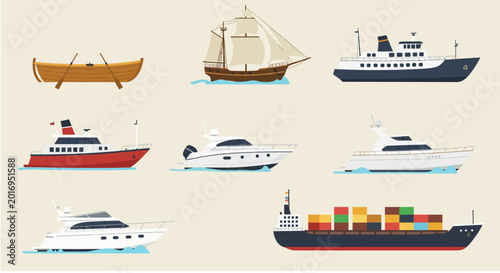 Fotografía Collection of various watercraft and boats on a plain background.