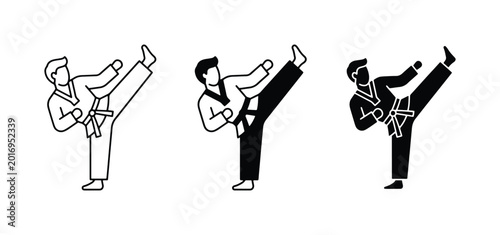 Bild auf Leinwand Martial Arts Icons: Taekwondo Fighter Kicking, Karateka Silhouette, Combat Sport