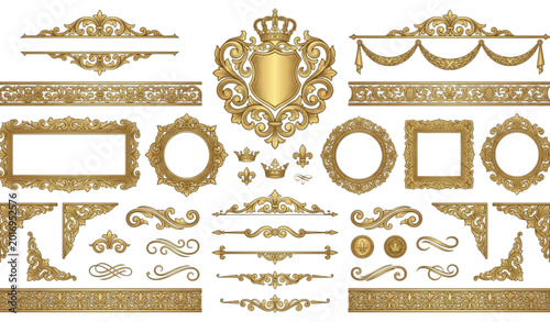 Medieval Victorian flourish ornament vector set with vintage gold decorative elements and royal patterns