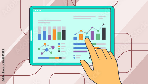 Fotografia Detailed illustration of a hand navigating a tech interface with complex data visualizations and network connections