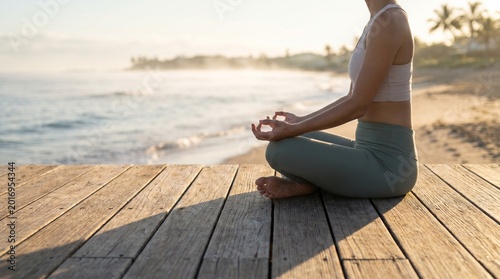 Peaceful meditation and yoga practice on wooden deck at beach during sunrise
